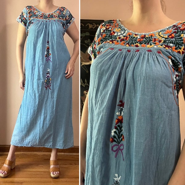 Vintage 70s Dress - Embroidered Mexican Caftan - Floral Hippie Boho Cotton Maxi