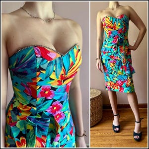 Vintage 80s Deadstock Strapless Tropical Rhinestone Party Cocktail Dress S M