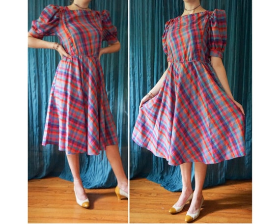 Vintage 80s Rainbow Plaid Puff Sleeve Full Skirt C