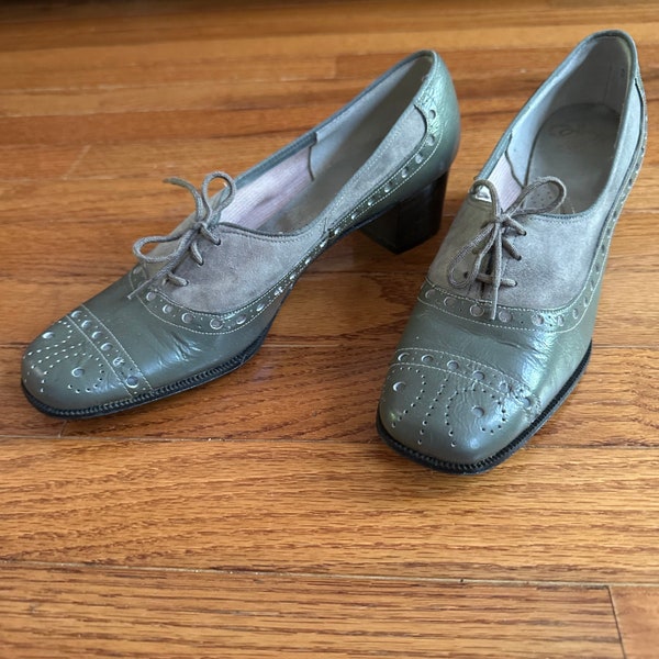 Vintage 60s 70s laceup block heels loafers oxfords colorblock mod 6 N gray