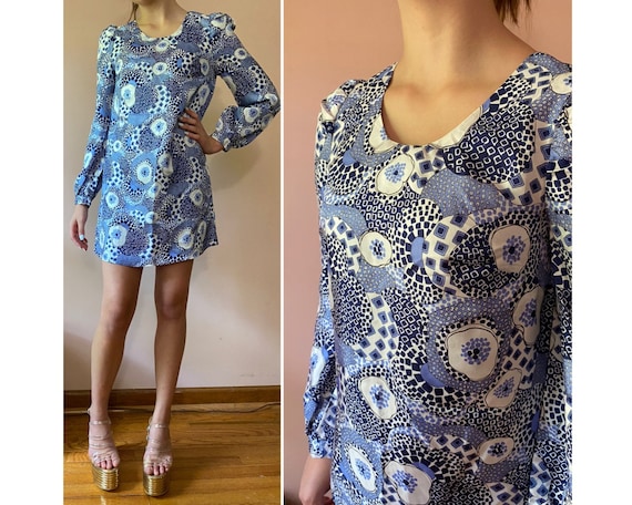 Vintage 60s psychedelic blue bishop sleeve mini d… - image 1