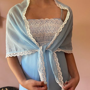 Vintage 70s Baby Blue Eyelet Shawl Romantic Empire Maxi Dress Cottagecore XS S image 6