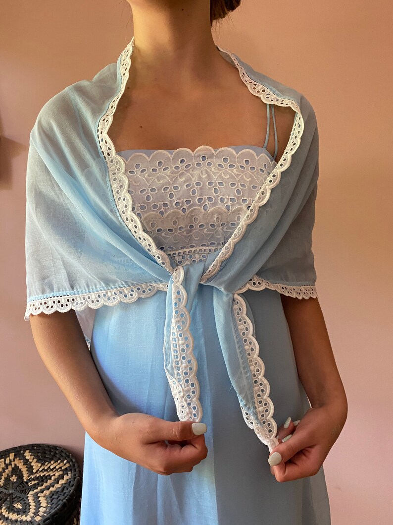 Vintage 70s Baby Blue Eyelet Shawl Romantic Empire Maxi Dress Cottagecore XS S image 6