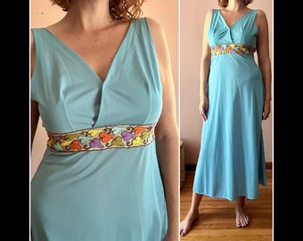 Vintage jaren 70 blauwe geborduurde maxi-nachtjapon hippie boho S M