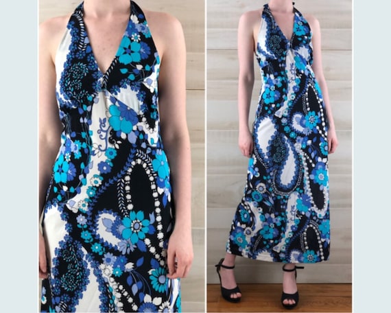 60s vintage psychedelic hippie halter long blue ma