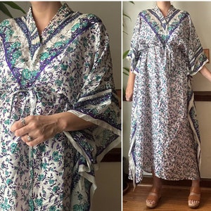 Vintage 70s Caftan - Indian Silk Maxi - Hippie Boho Block Print Dress