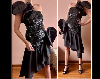 Vintage jaren 80 avant-garde cocktailpartyjurk met zwarte lovertjes taft, ruches, XS S