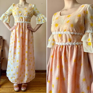 Vintage 60s Cottagecore Flower Power Dress - Ruffled Prairie Maxi - Hippie Boho