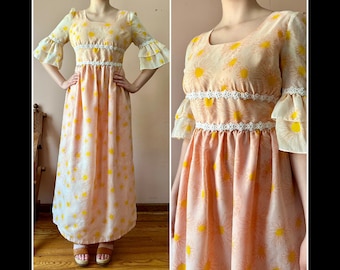 Vintage 60s Cottagecore Flower Power Dress - Ruffled Prairie Maxi - Hippie Boho