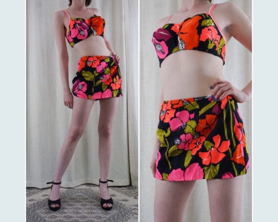 Vintage 50s DeWeese Neon Floral High Waisted Skirt