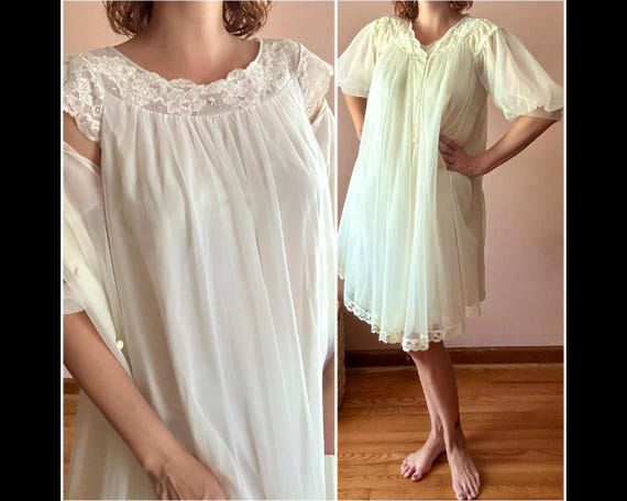 Vintage 70s Nightie Pegnoir Chemise Set Puff Sleeve Robe Nightgown Slip S M