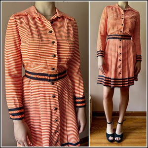 Vintage 70s Orange White Striped Pleated Belted Shirt Dress Mod Preppy Work XS