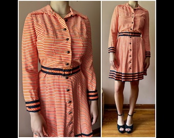 Vintage jaren 70 oranje wit gestreepte geplooide overhemdjurk met riem Mod Preppy Work XS