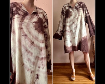 Túnica vintage de manga larga - Caftán marrón Tie Dye - Mini vestido Hippie Boho Top de los años 70