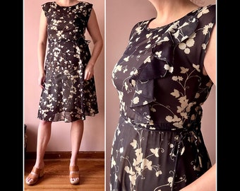 Vintage 70s Dress - Black Beige Floral Silhouette Ruffle Asymmetrical Dress