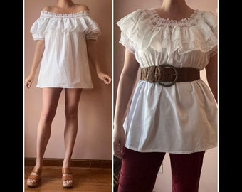 Vintage 80s Blouse - Ruffled Lace Off Shoulder Shirt - Mini Dress Tunic Top