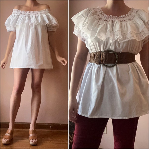 Vintage 80s Blouse - Ruffled Lace Off Shoulder Shirt - Mini Dress Tunic Top