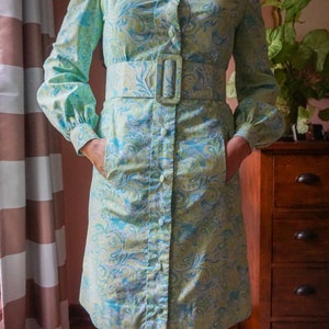 Vintage 60s Psychedelic Bird Print Blue Paisley Cotton Hippie Boho Shirt Dress M image 8