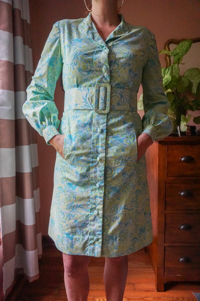 Vintage 60s Psychedelic Bird Print Blue Paisley Cotton Hippie Boho Shirt Dress M image 8