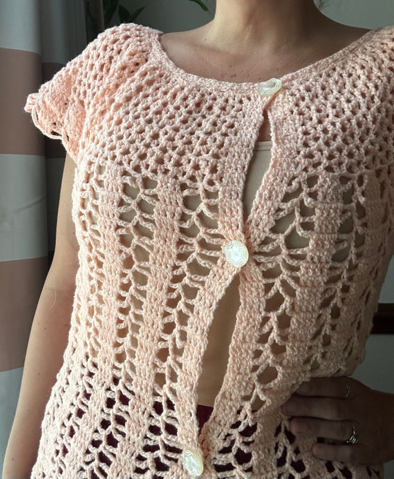 Vintage 70s Top - Peach Scalloped Crochet Shirt -… - image 5