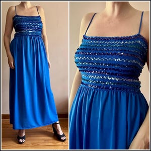 Vintage 70s Sequined Smocked Royal Blue Long Maxi Disco Party Dress S M