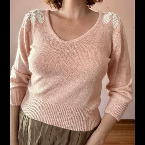Vintage 80s Deadstock Romantic Pink Cream Floral Appliqué Beaded Nubby Sweater L