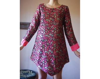 Vintage 60s Mod Go Go Space Age Metallic Pink Gold Mini Shift Party Dress S M