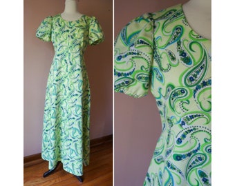 Vintage 60s Puff Sleeve Psychedelic Paisley Green Maxi Dress Hippie Boho M