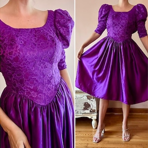 Vintage 80s Purple Satin Lace Puff Sleeve Prom Party Princess Dress XS