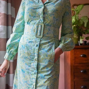 Vintage 60s Psychedelic Bird Print Blue Paisley Cotton Hippie Boho Shirt Dress M image 9