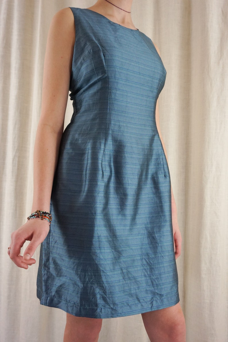 Vintage 90s Mary McFadden Blue Silk Sheath Dress Minimalist simple Classic M L