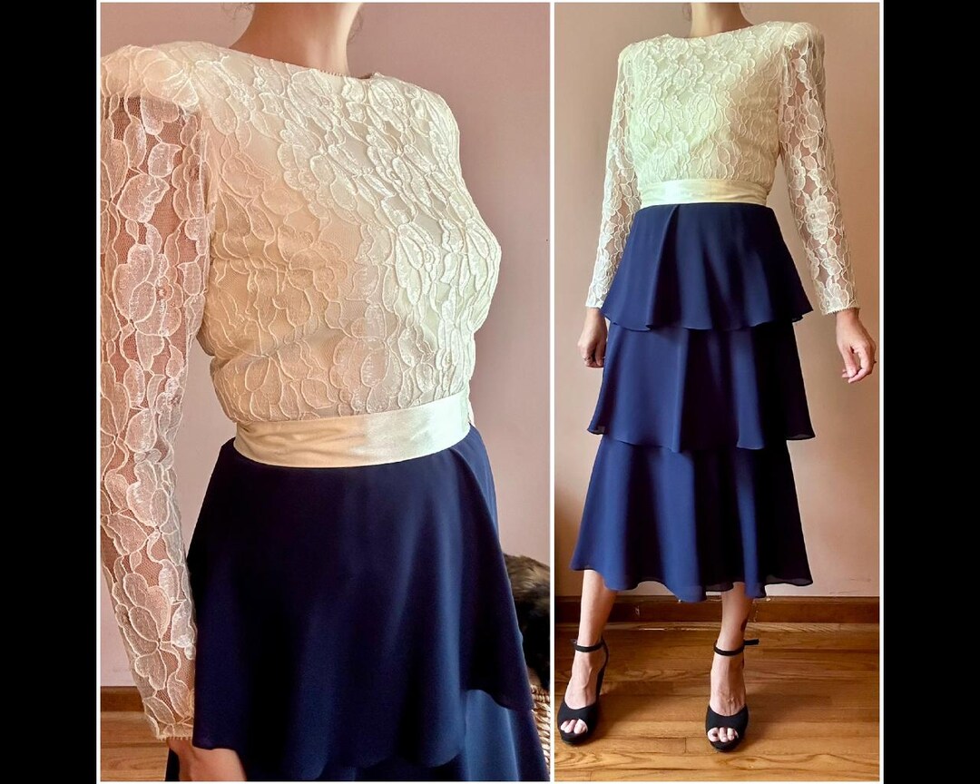 Vintage 80s Ruffled Lace Midi Dress Elegant Modest Demure Party Wedding ...