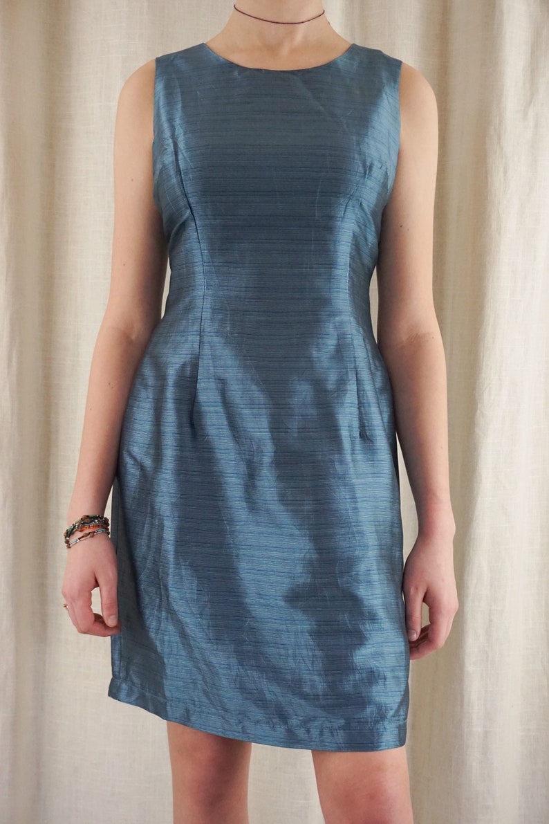 Vintage 90s Mary McFadden Blue Silk Sheath Dress Minimalist simple Classic M L