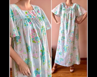 Vintage 70s Dress - Cotton Flutter Sleeve Romantic Boho Floral Hippie Maxi