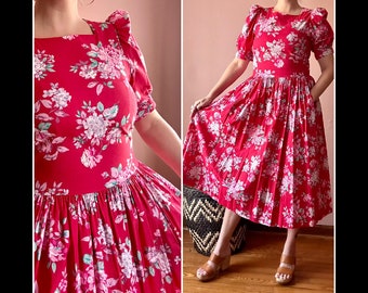 Vintage 80s Dress - Laura Ashley Romantic Floral - Puff Sleeve Full Skirt