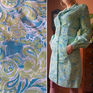 Vintage 60s Psychedelic Bird Print Blue Paisley Cotton Hippie Boho Shirt Dress M image 1