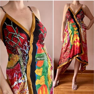 Vintage Y2K Asymmetric Silk Wrap Dress Beaded Straps Botanical Floral Print S