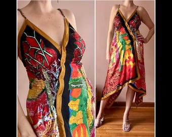 Vintage Y2K Asymmetric Silk Wrap Dress Beaded Straps Botanical Floral Print S