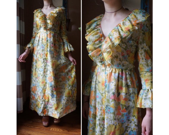 Vintage 60s Yellow floral ruffled long maxi dress… - image 1