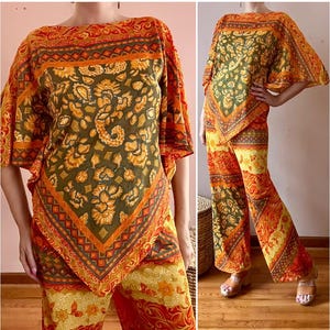 Vintage 70s Paisley Pant Set: Orange Yellow Bell Bottoms - M/L