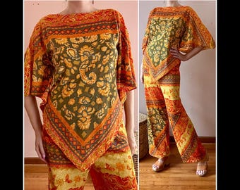Vintage 70s Paisley Pant Set: Orange Yellow Bell Bottoms - M/L