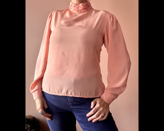 Vintage 80s Bishop Sleeve Mockneck Blouse - Peach… - image 1