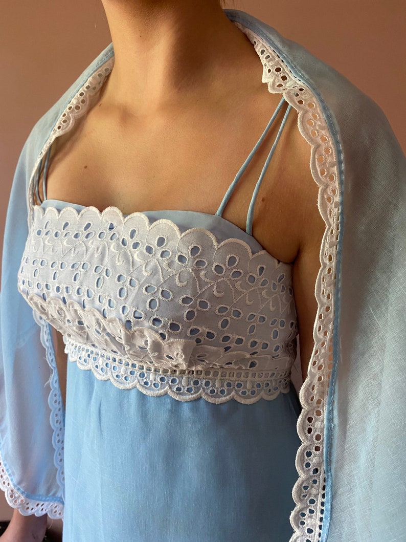 Vintage 70s Baby Blue Eyelet Shawl Romantic Empire Maxi Dress Cottagecore XS S image 4