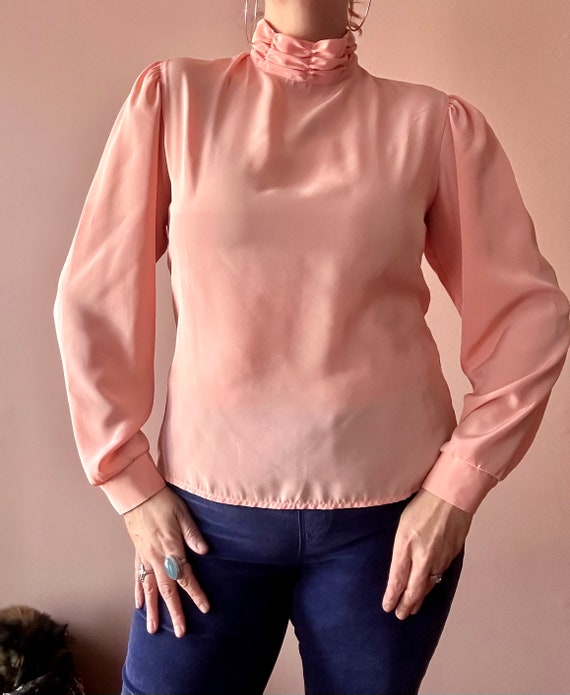 Vintage 80s Bishop Sleeve Mockneck Blouse - Peach… - image 7