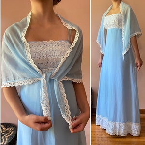 Vintage 70s Baby Blue Eyelet Shawl Romantic Empire Maxi Dress Cottagecore XS S