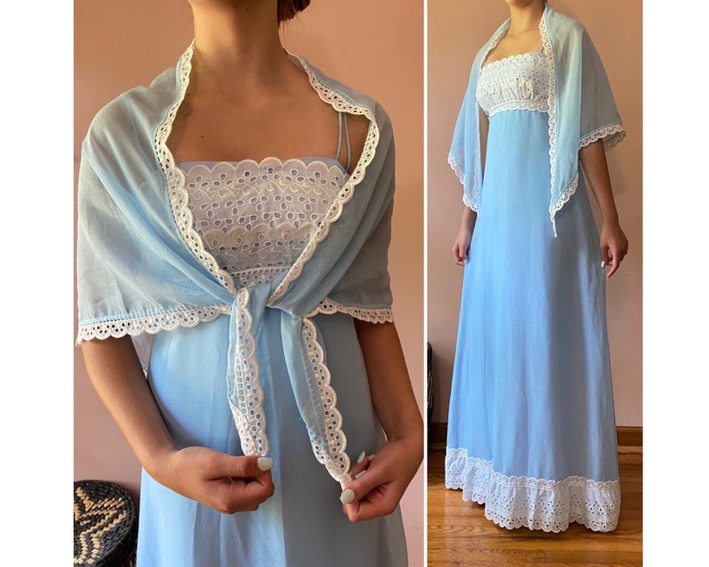 Vintage 70s Baby Blue Eyelet Shawl Romantic Empire Maxi Dress Cottagecore XS S image 1