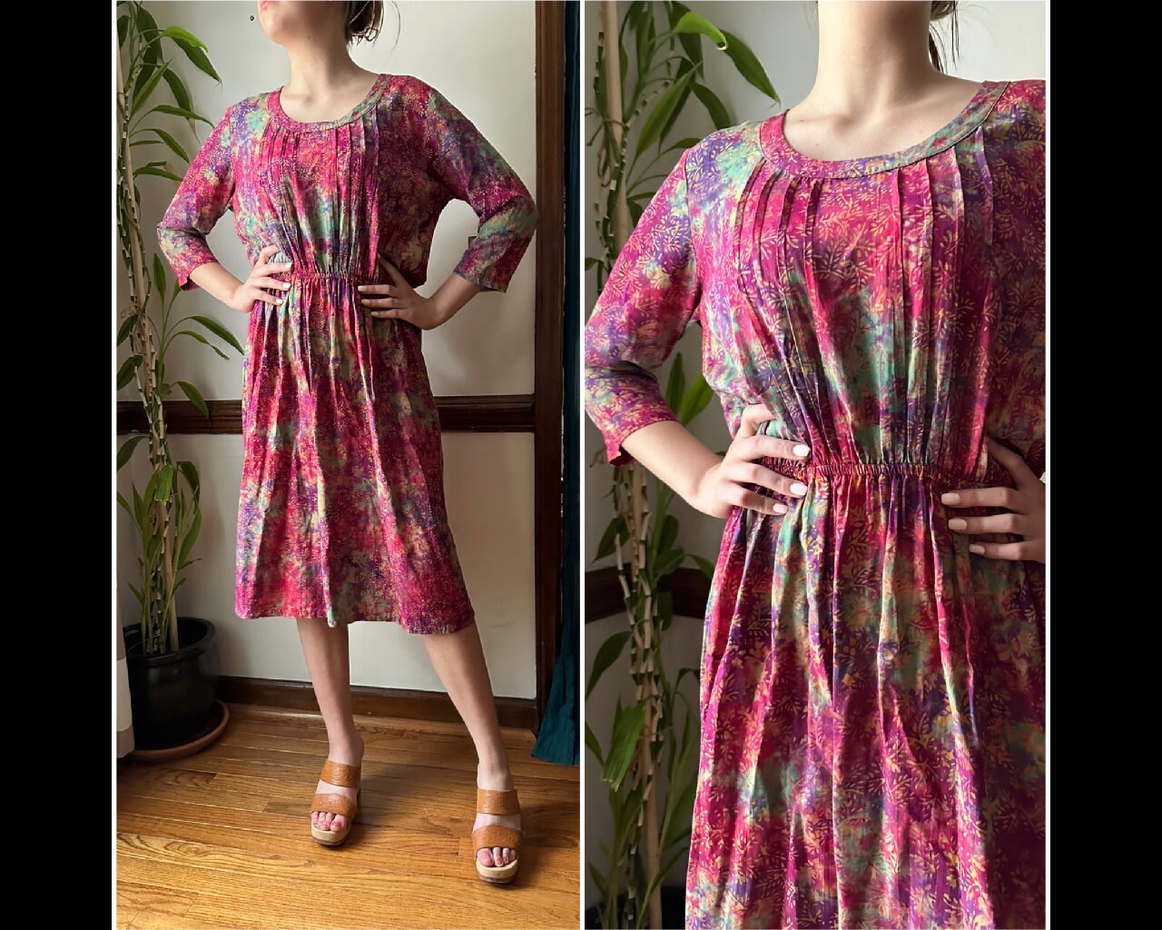 Vintage 80s Dress - Hippie Boho Batik Sheath - Hot Pink Vintage 80s Dress - Hippie Boho Batik Sheath - Hot Pink