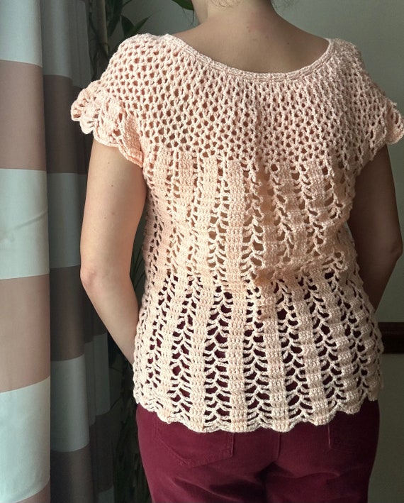 Vintage 70s Top - Peach Scalloped Crochet Shirt -… - image 2