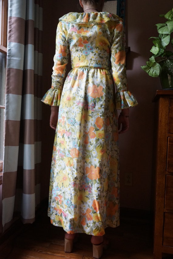 Vintage 60s Yellow floral ruffled long maxi dress… - image 2
