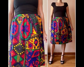 Vintage 60s Southwestern Psychedelic Geometric Hippie Boho Midi Knee Skirt M L